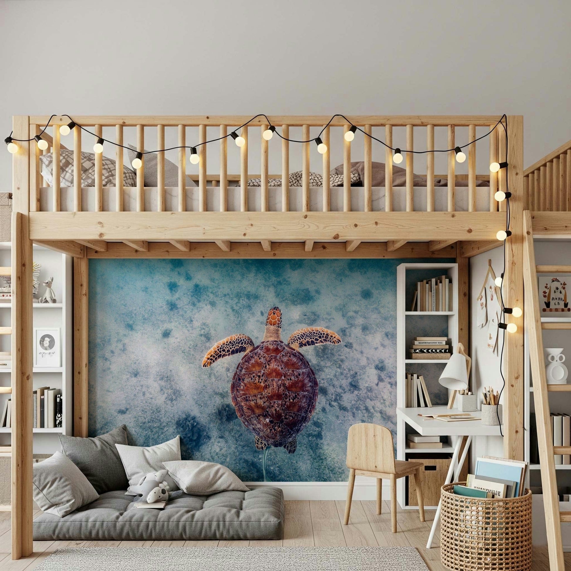 Relaxing sea turtle wall mural creating a tranquil, oceanic decor statement.
