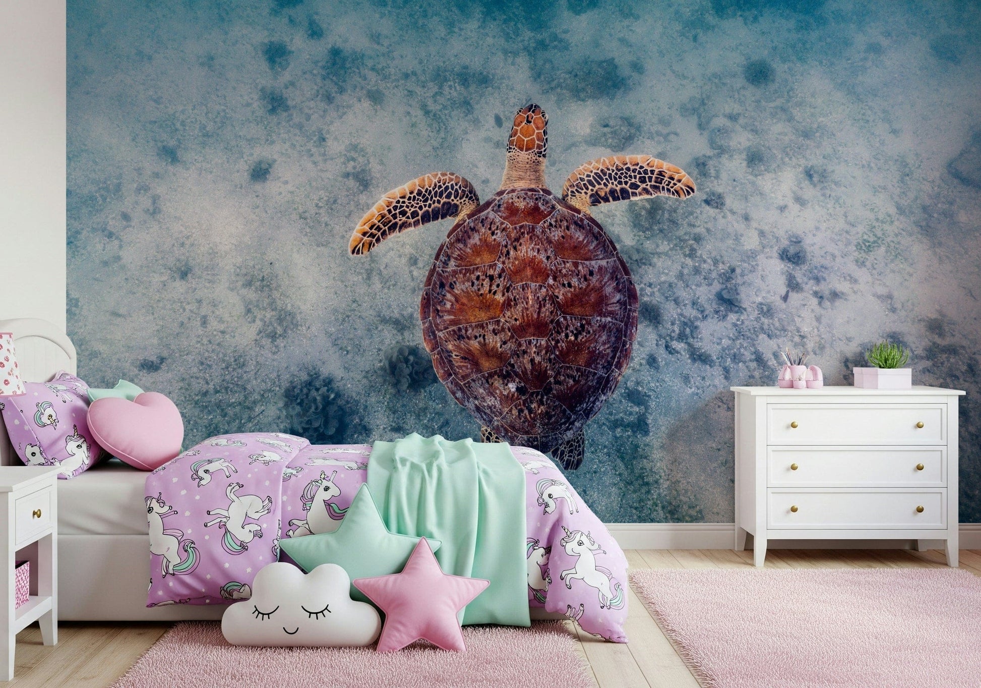 Marine-inspired mural with soft hues and elegant sea turtle illustrations.