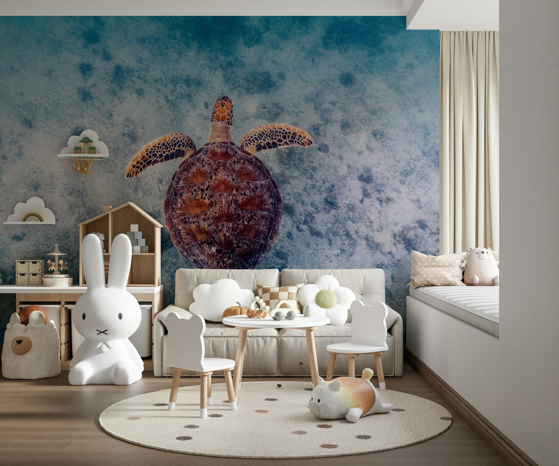 Sea Turtle Serenity wall covering evoking peaceful underwater nature scenes.