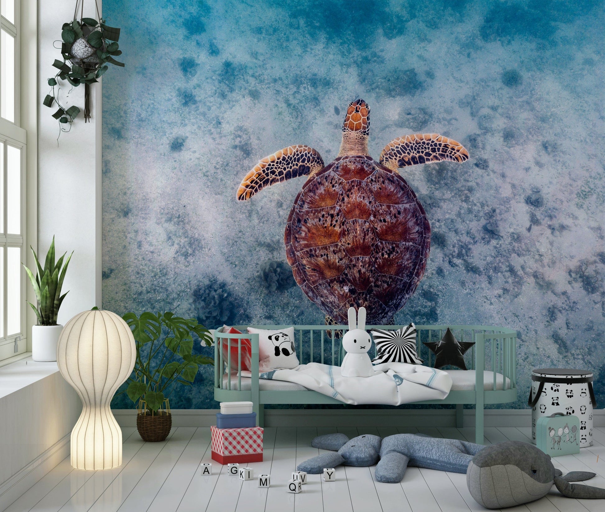 Artistic underwater mural featuring graceful sea turtles and gentle ocean scenery.