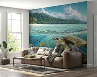 Sea turtle mural in kids room, friendly ocean scene, blue and green colours