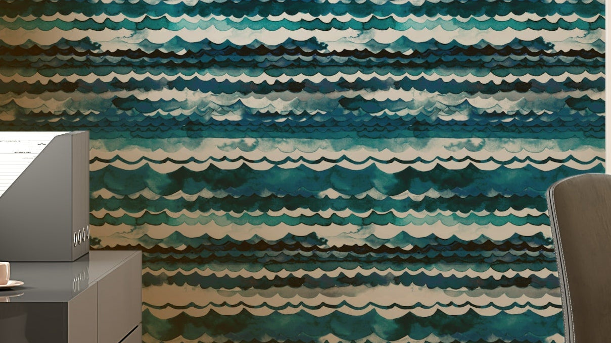 Sea Waves Ocean Blue Wallpaper with flowing watercolor wave pattern.

