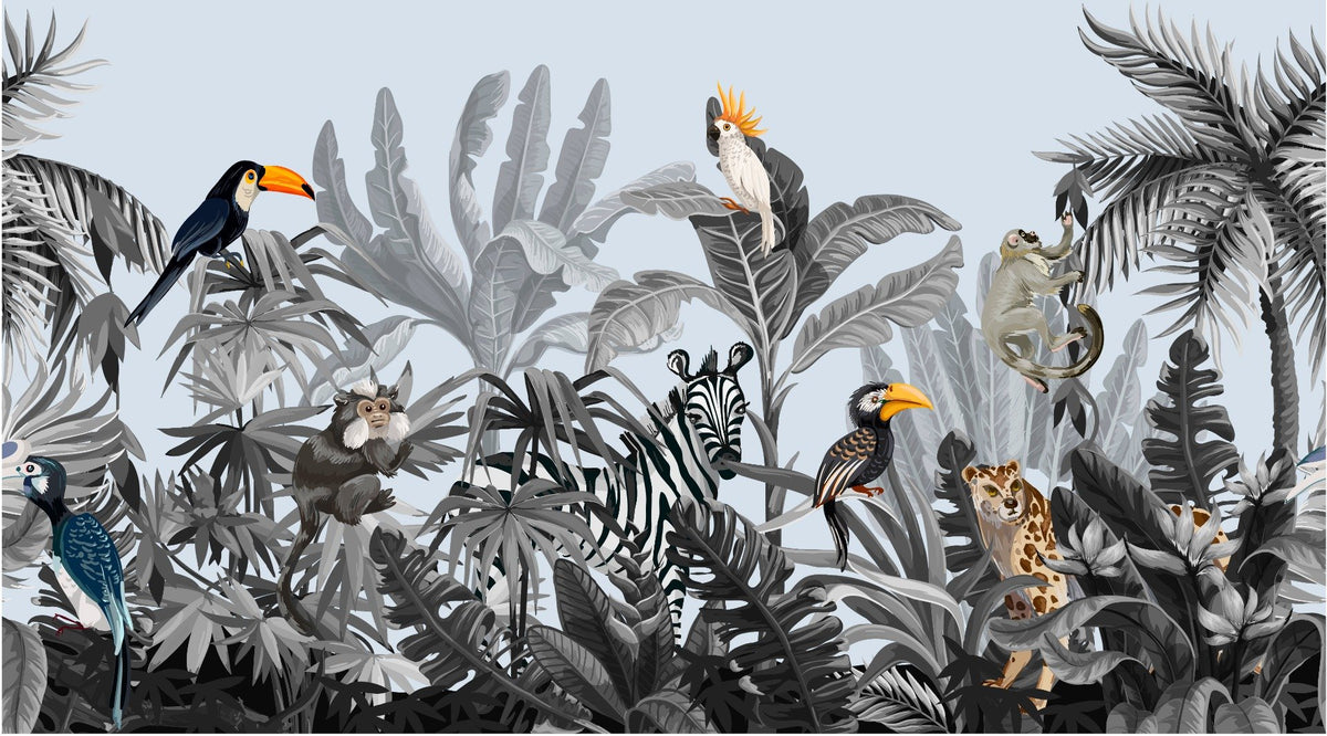 Monochrome Kids Jungle Wallpaper Mural in your room — zoomed