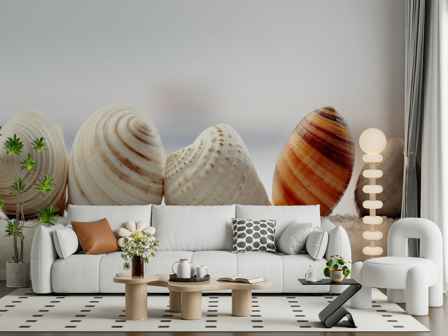Elegant Seashell Wall Mural – Harmonious blend of seashell motifs and gentle beach colors for a refined coastal look.