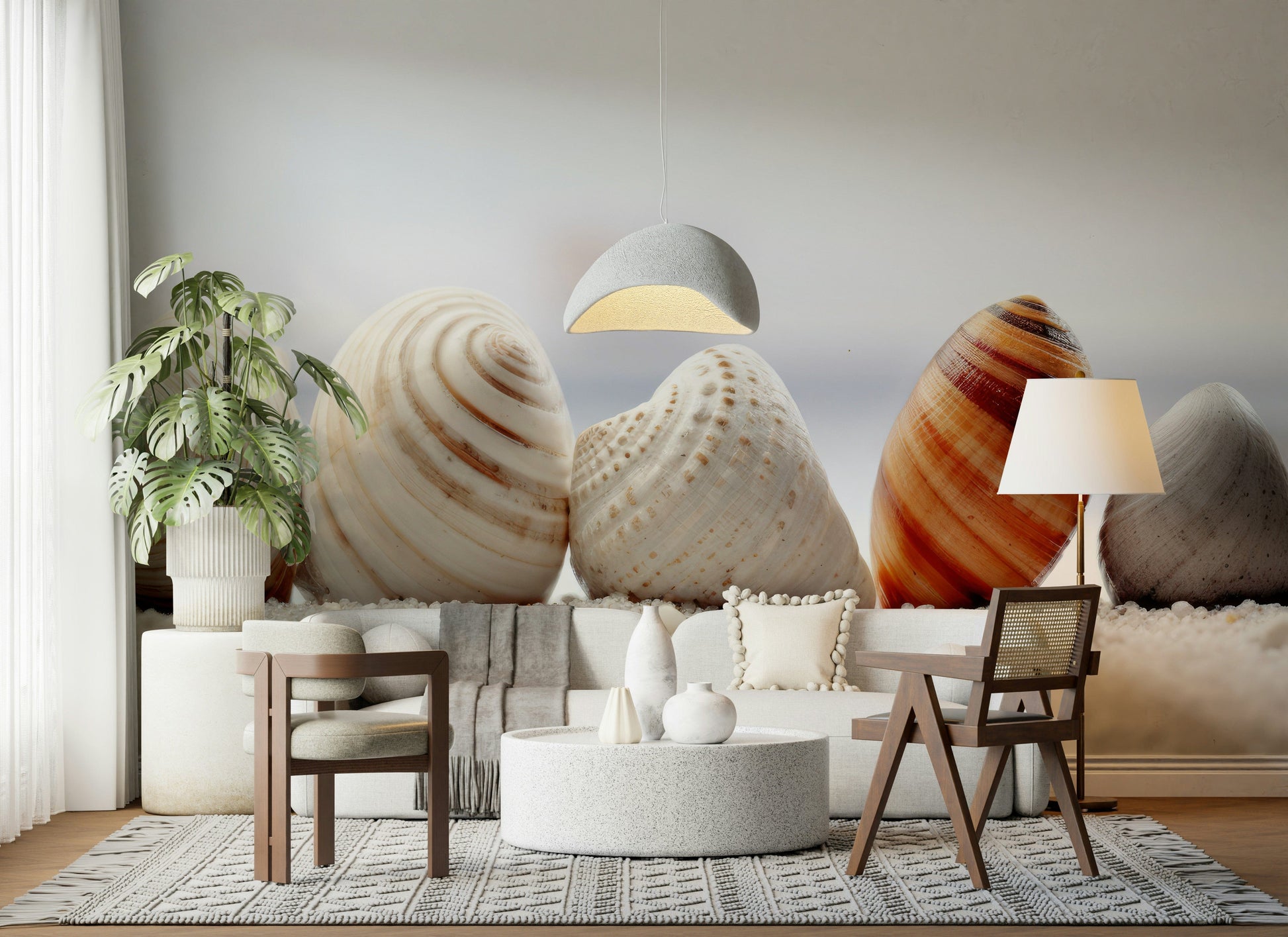 Soft Coastal Wall Mural – Seashell harmony design in light pastel shades perfect for bedrooms and beach houses.