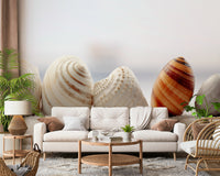 Beach-Inspired Seashell Wallpaper – Natural seashell motifs in sandy beige and soft blue for coastal-themed décor.
