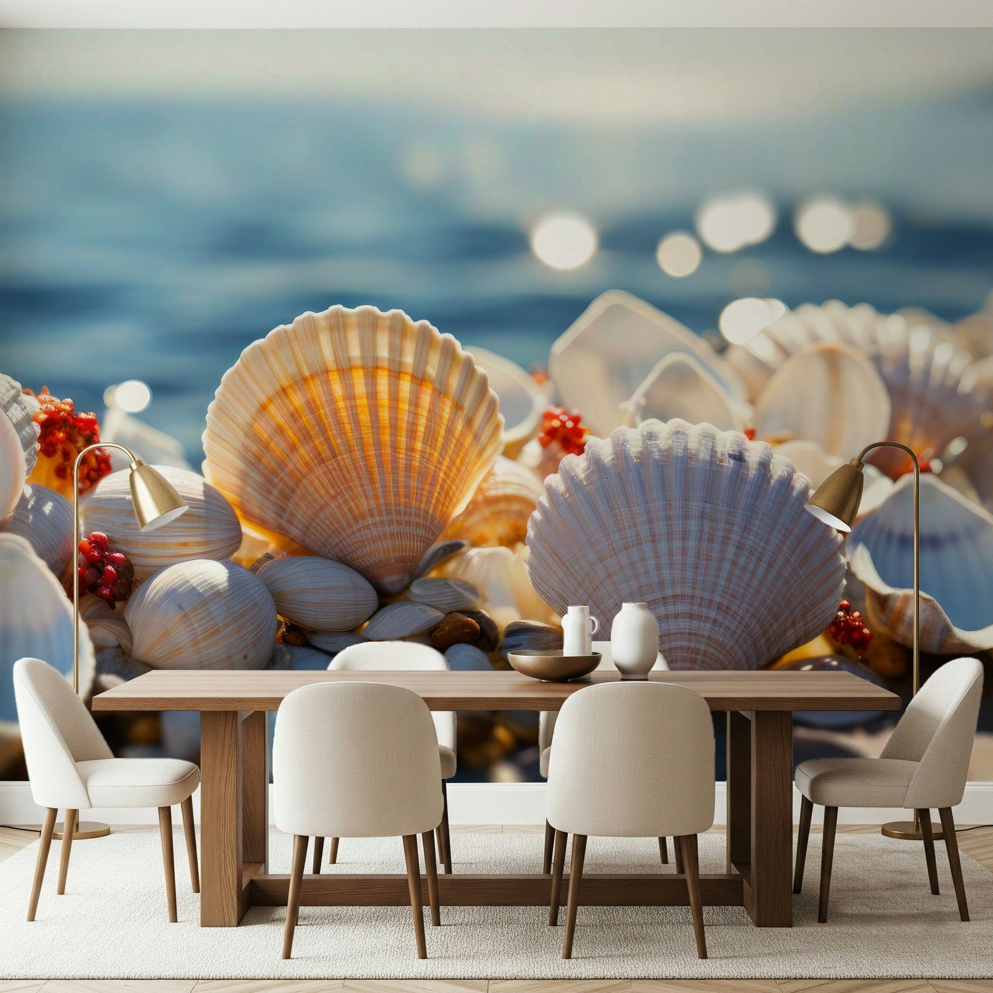 Coastal-themed wall covering with seashell motifs for serene, stylish interiors.
