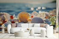 Soft, beachy mural with seashells and gentle sand textures for peaceful decor.