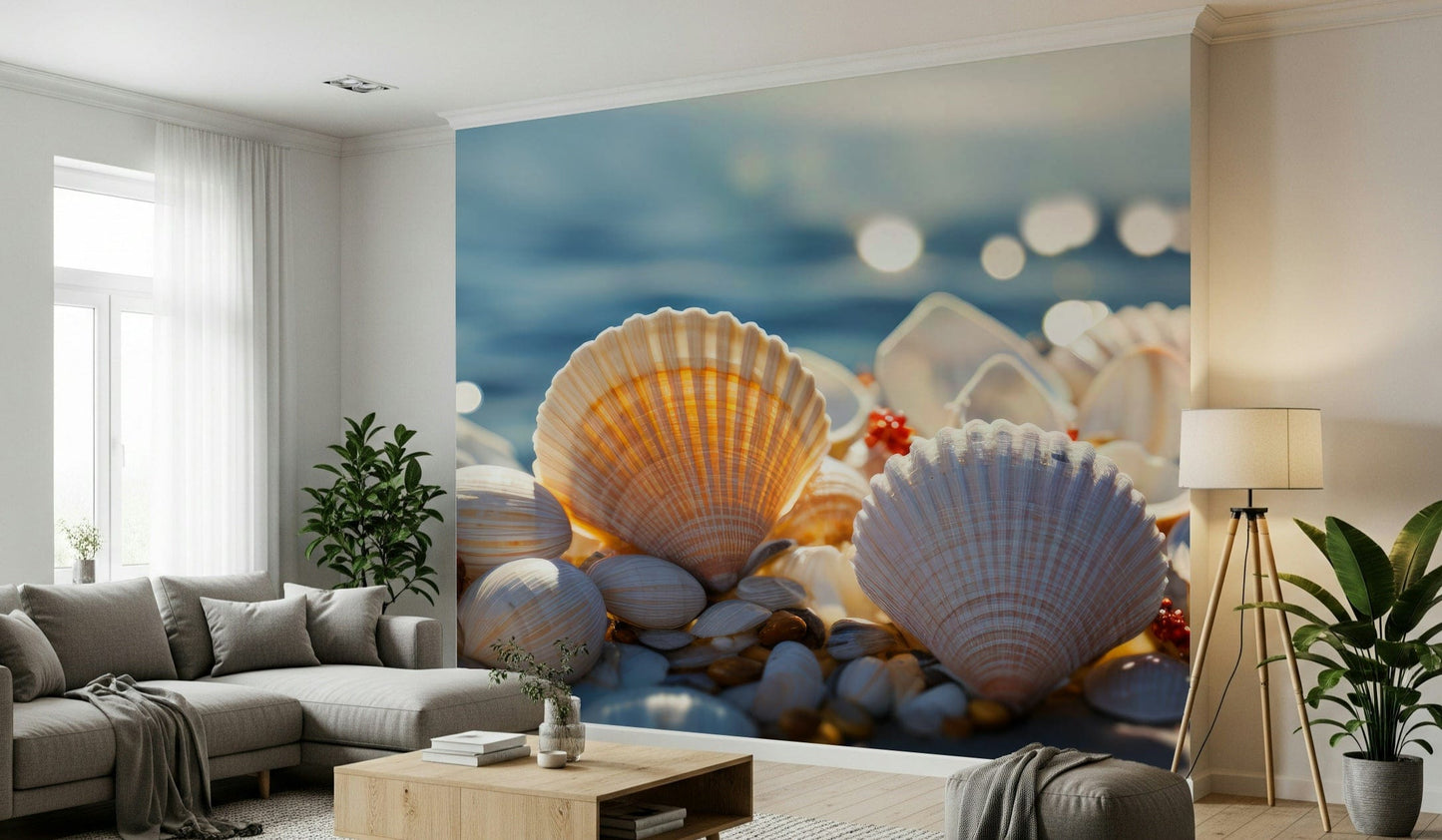 Coastal-themed wall covering with delicate seashells and soft ocean tones.