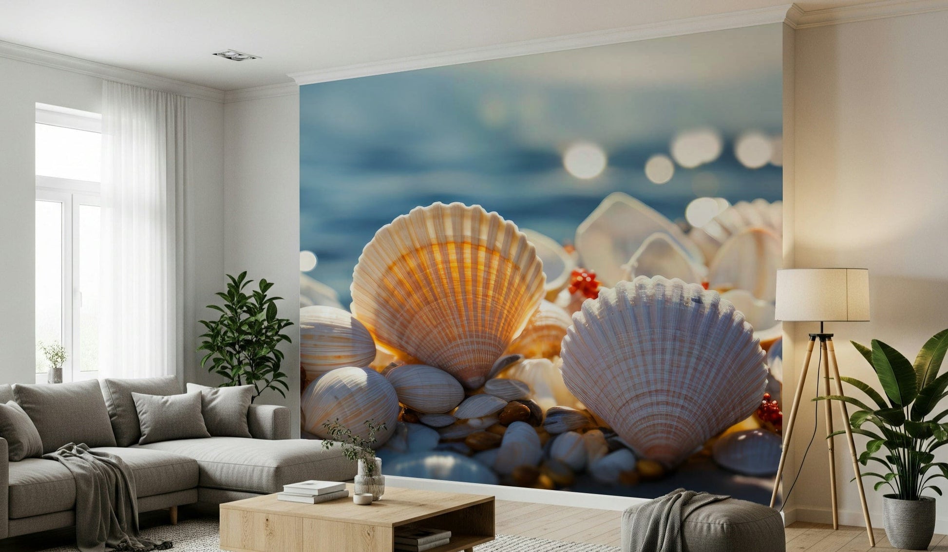 Coastal-themed wall covering with delicate seashells and soft ocean tones.