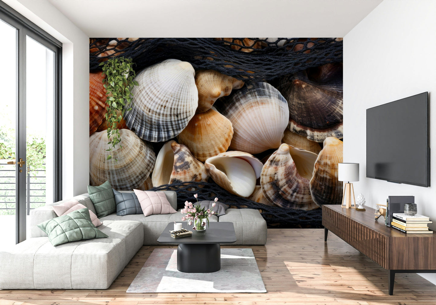 Artistic coastal mural with seashells and marine life for a relaxing home decor.