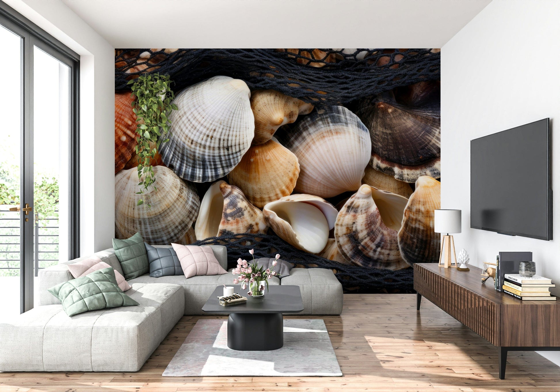 Artistic coastal mural with seashells and marine life for a relaxing home decor.
