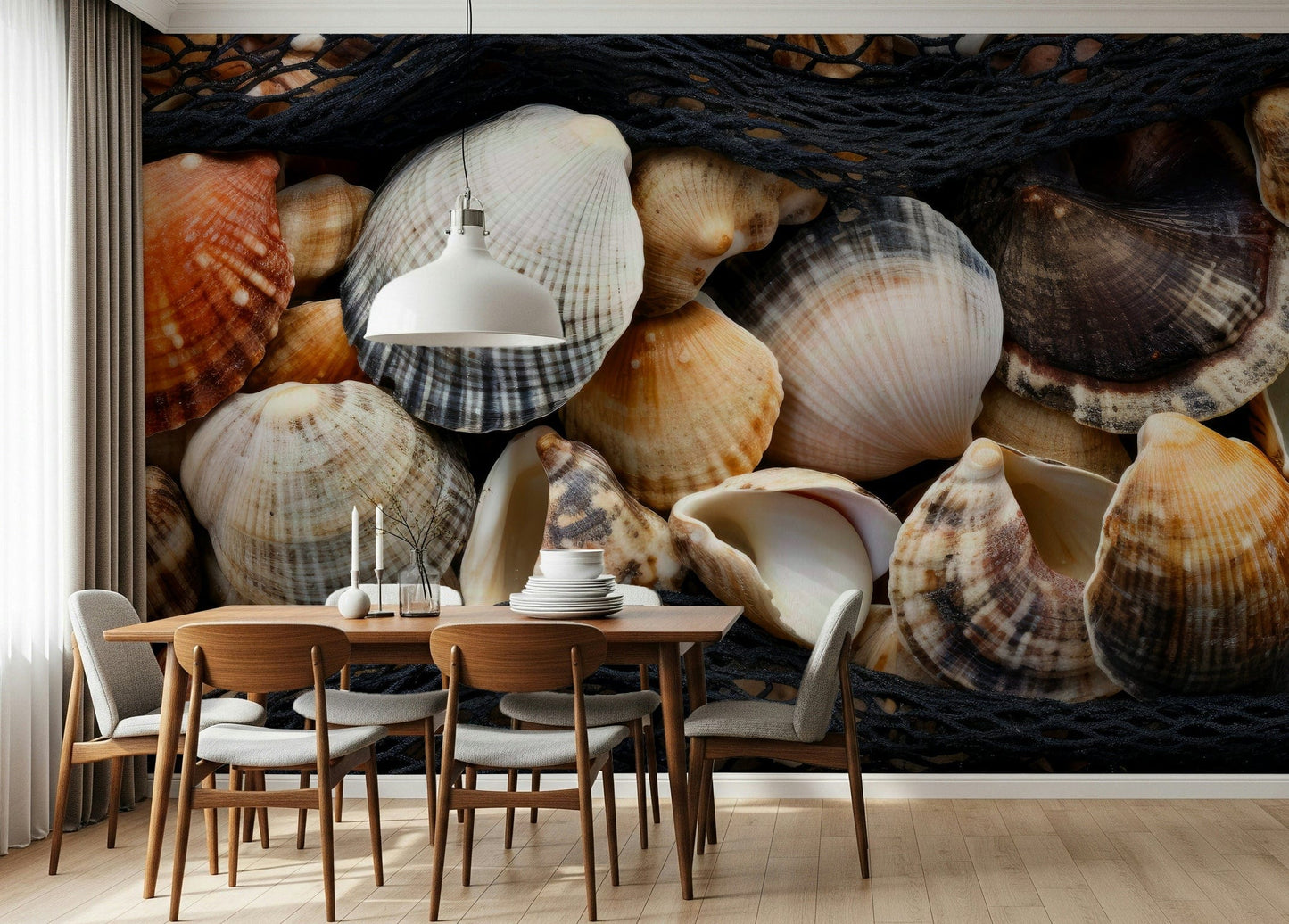 Nautical wall covering with treasures from the sea for bedrooms or living rooms.