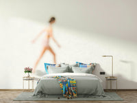 An artistic seaside view mural on minimalist wallpaper.

