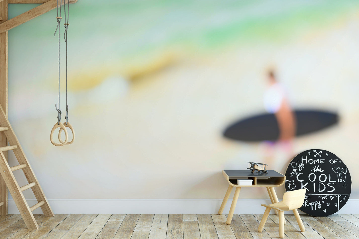 A high-angle view of the wall mural with natural light.

