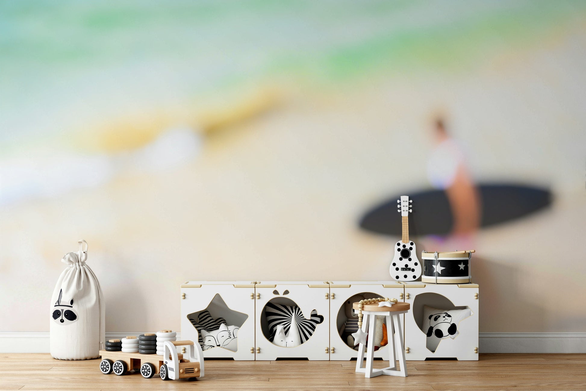 A living room featuring the coastal wall mural.

