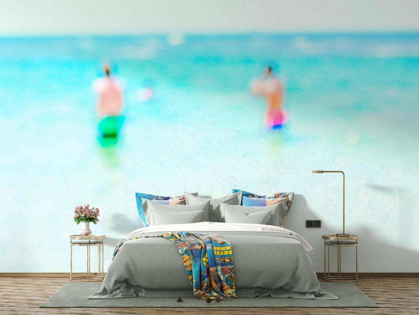 A peaceful waterfront view mural on decorative wallpaper.

