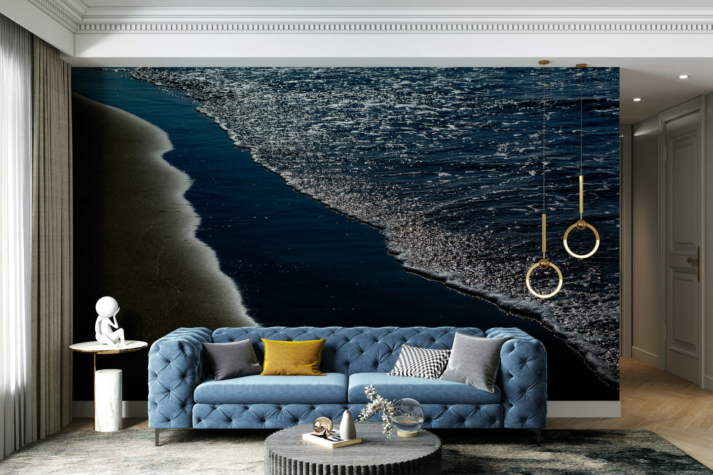 A graceful wave motion wall mural in cool, natural tones.

