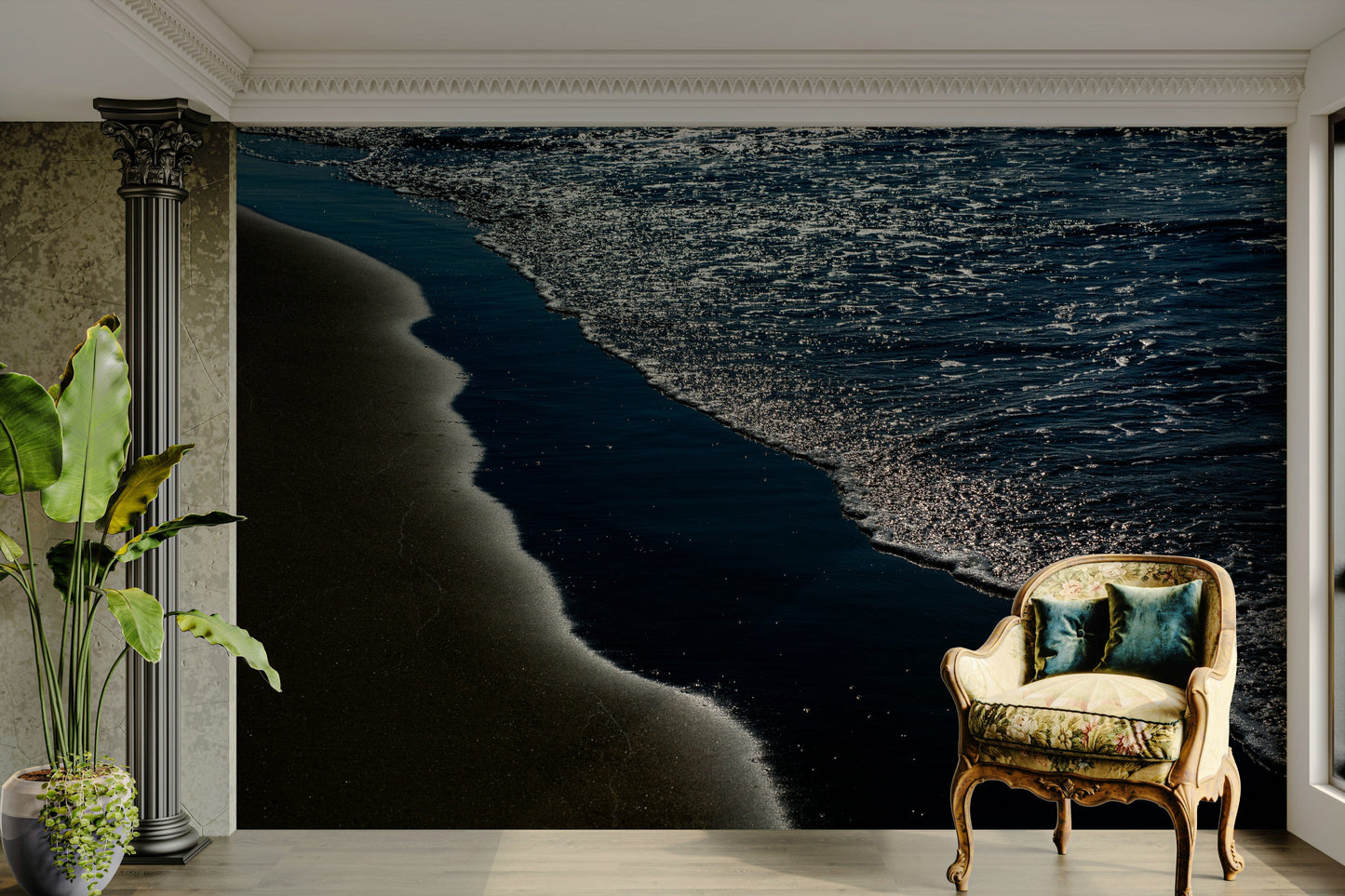 An artistic seaside view mural on minimalist wallpaper.

