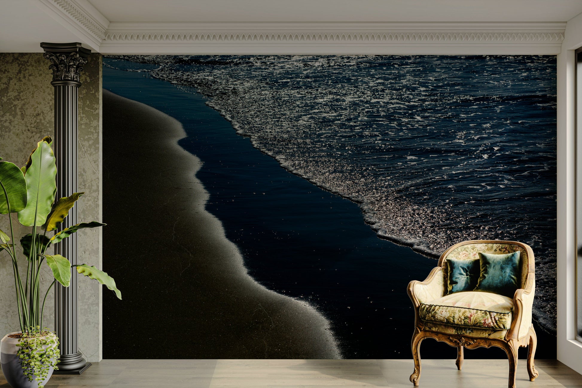 An artistic seaside view mural on minimalist wallpaper.

