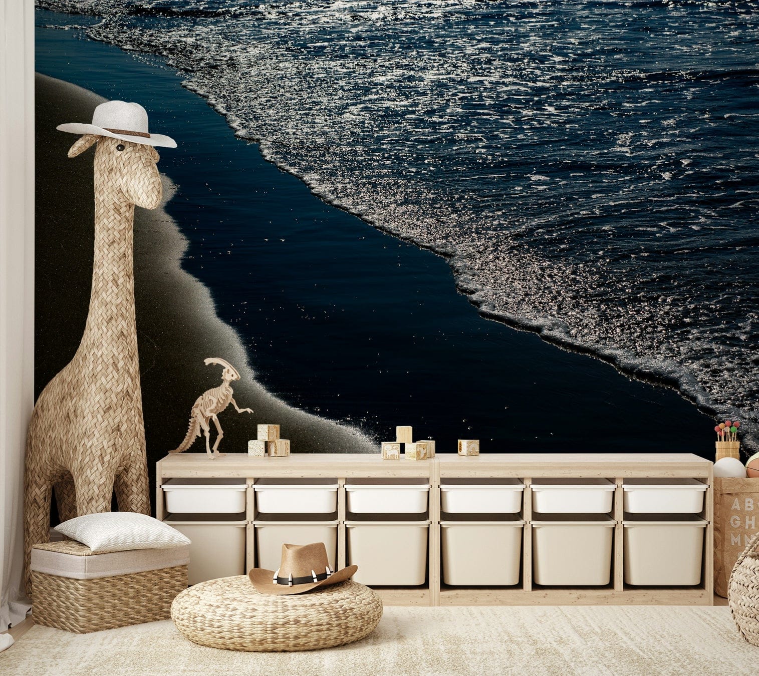 A tranquil ocean scene wall mural for nautical decor.

