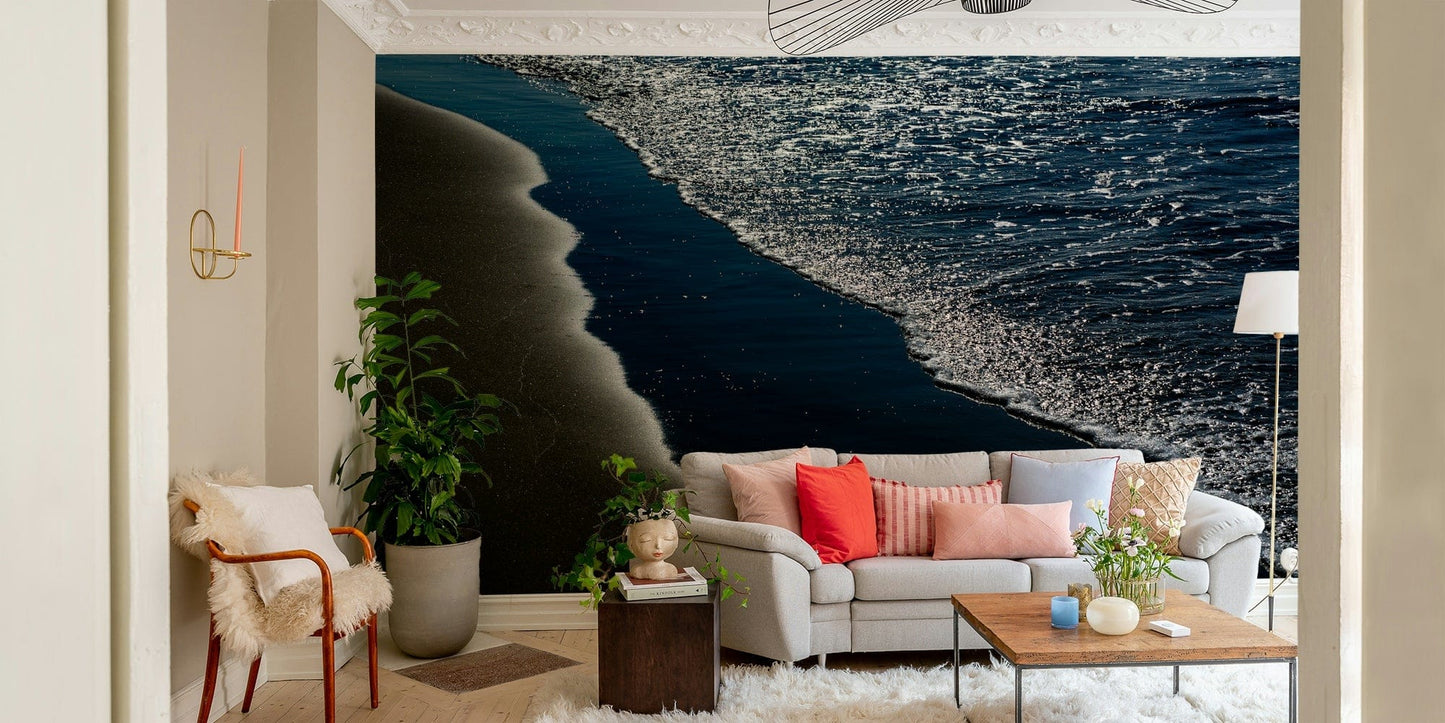 A beautiful coastal rock wallpaper mural with crashing waves.

