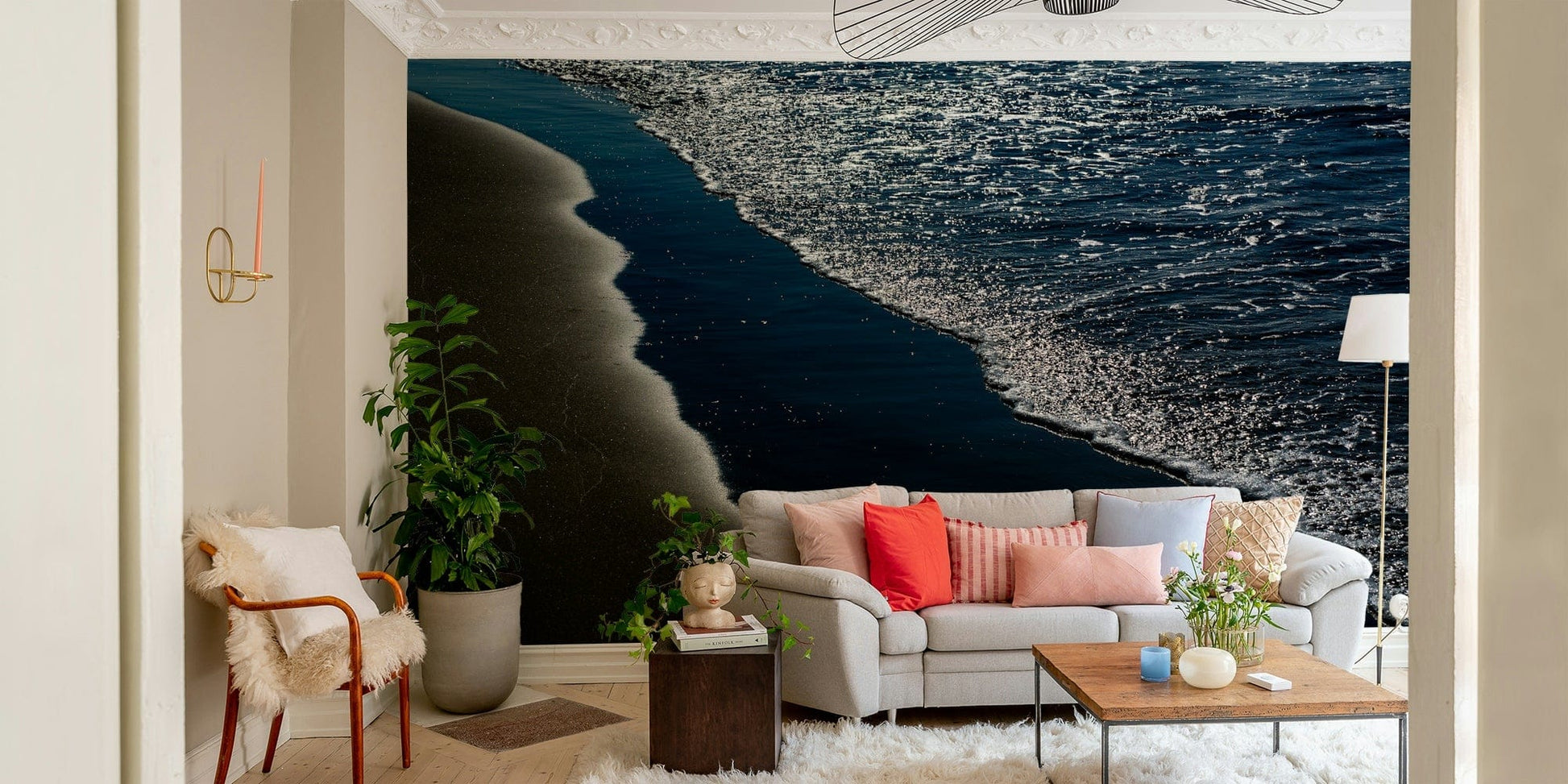 A beautiful coastal rock wallpaper mural with crashing waves.

