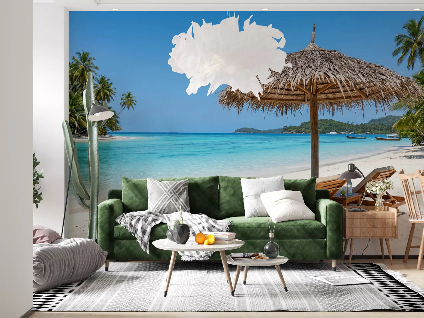 Ocean view seaside calm wall mural for a stylish living room.