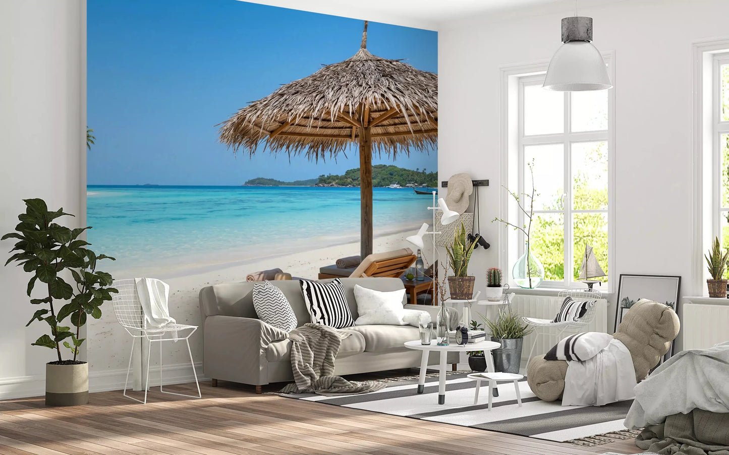 Minimalist Living room a seaside calm wallpaper with blue water.