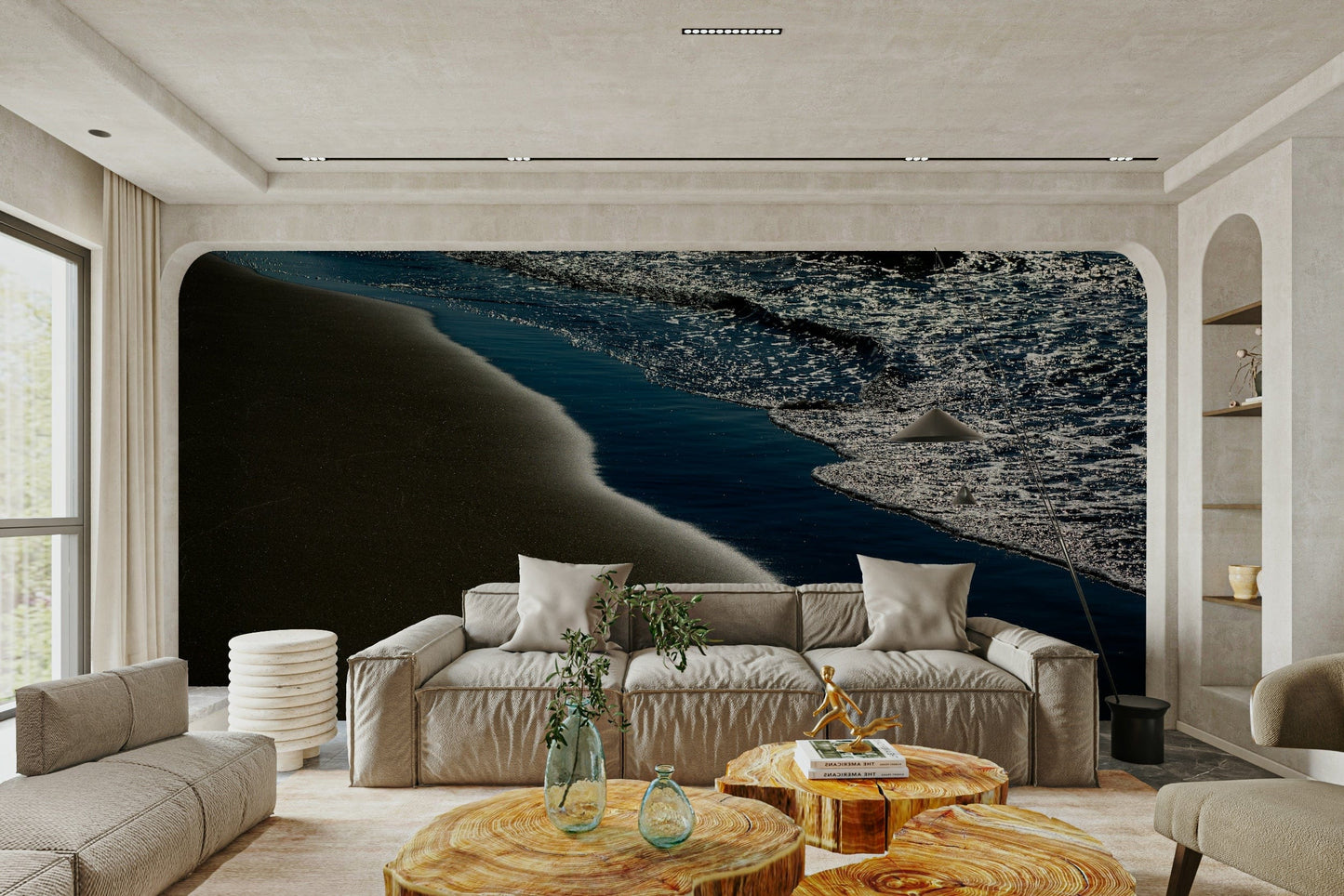 A peaceful seaside view mural on decorative wallpaper.

