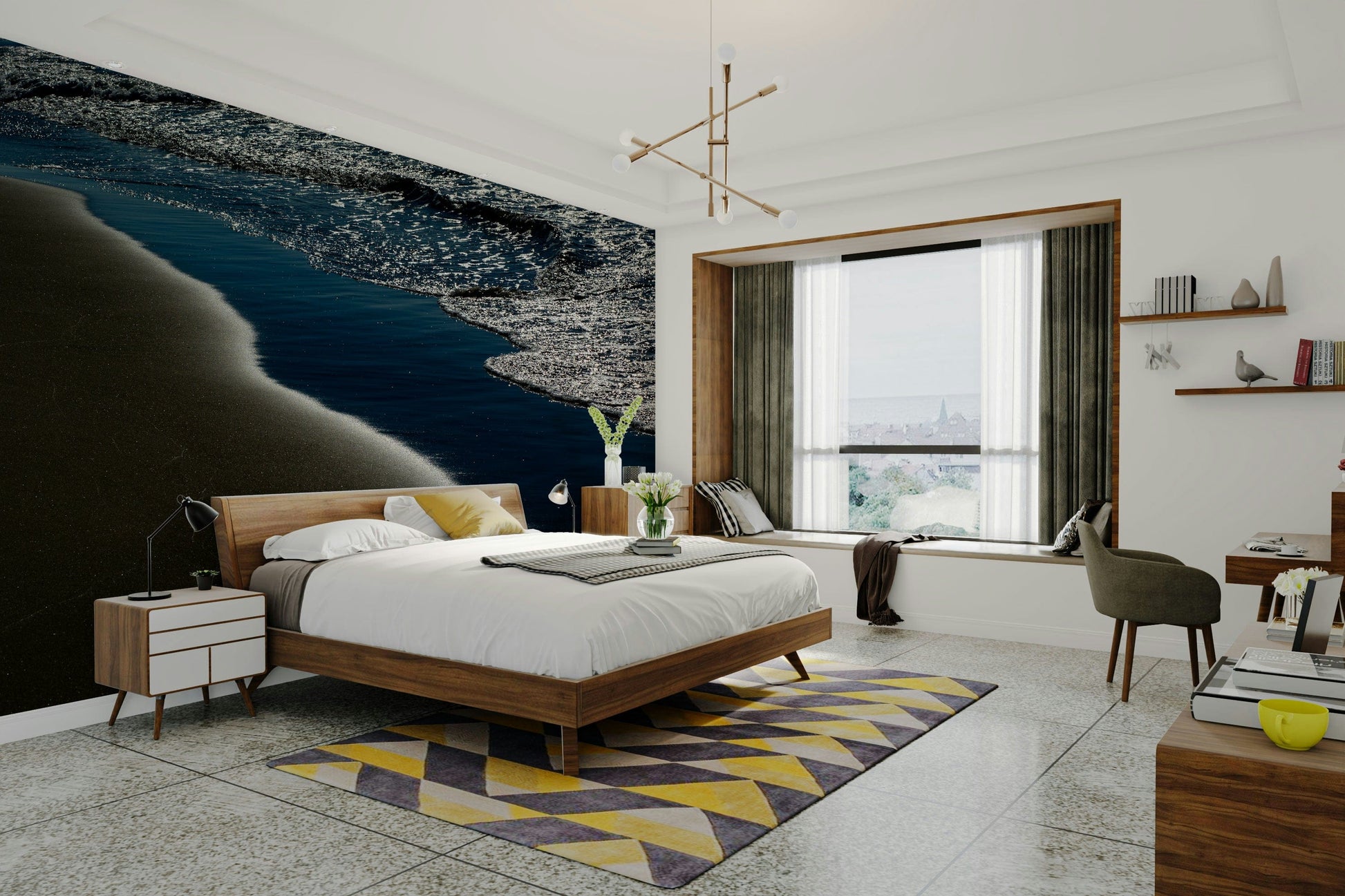 An artistic seaside view mural on minimalist wallpaper.

