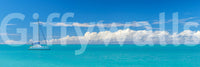 Catamaran on turquoise water wall mural design.

