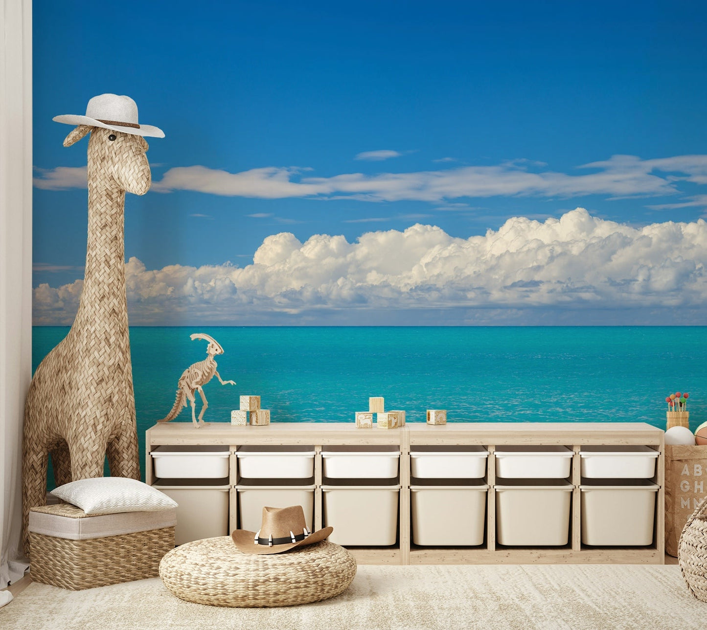 Wallpaper mural showing sailboat on turquoise sea.

