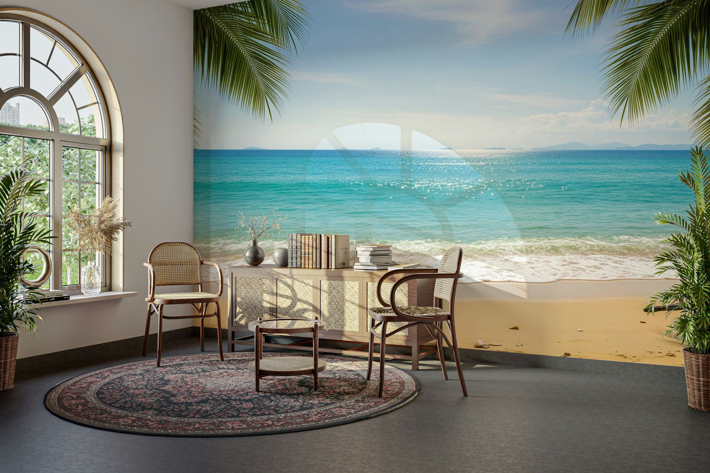 The design features a gentle view of the ocean and shoreline.

