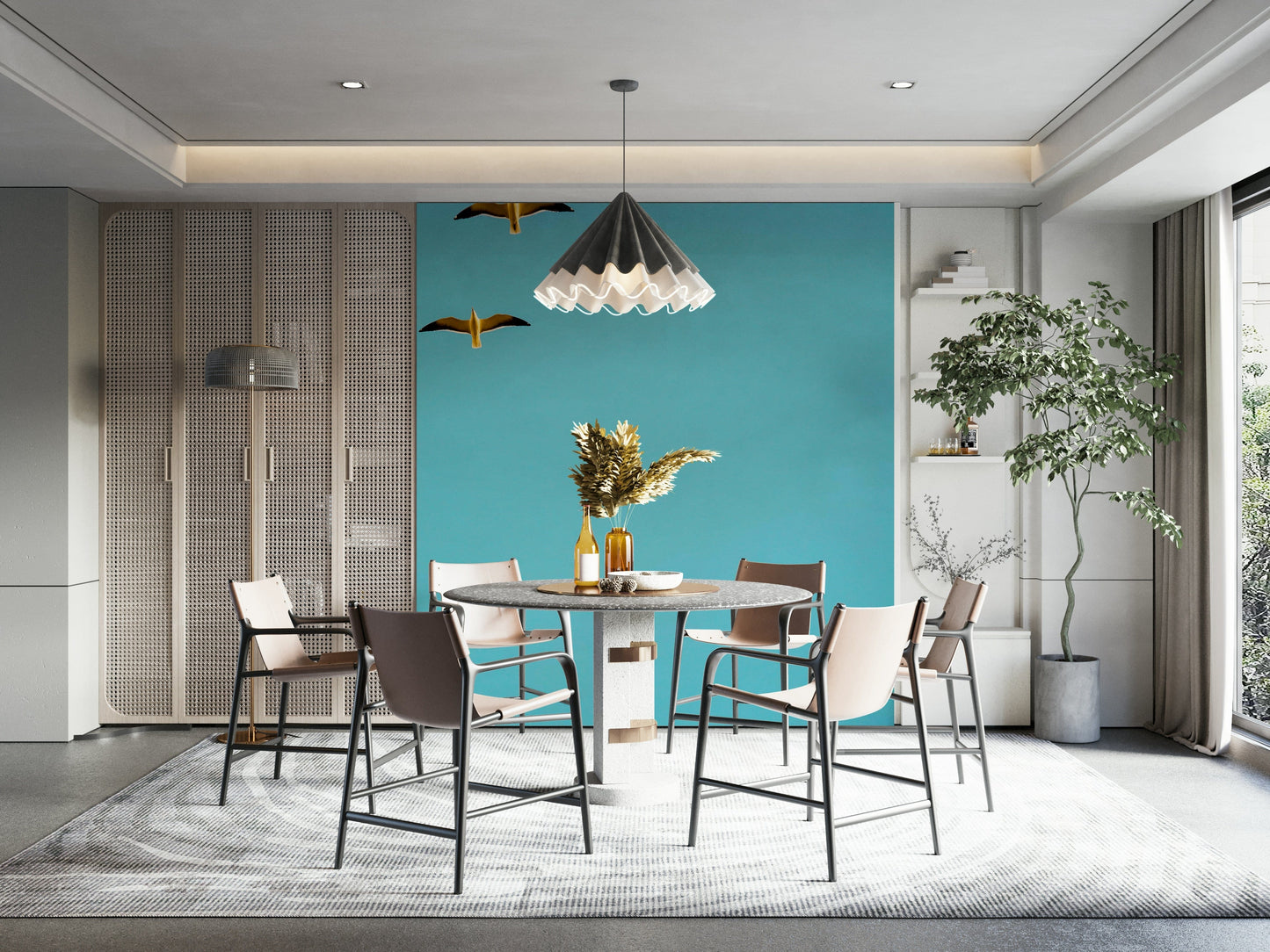 A high-angle view of the wall mural with natural light.

