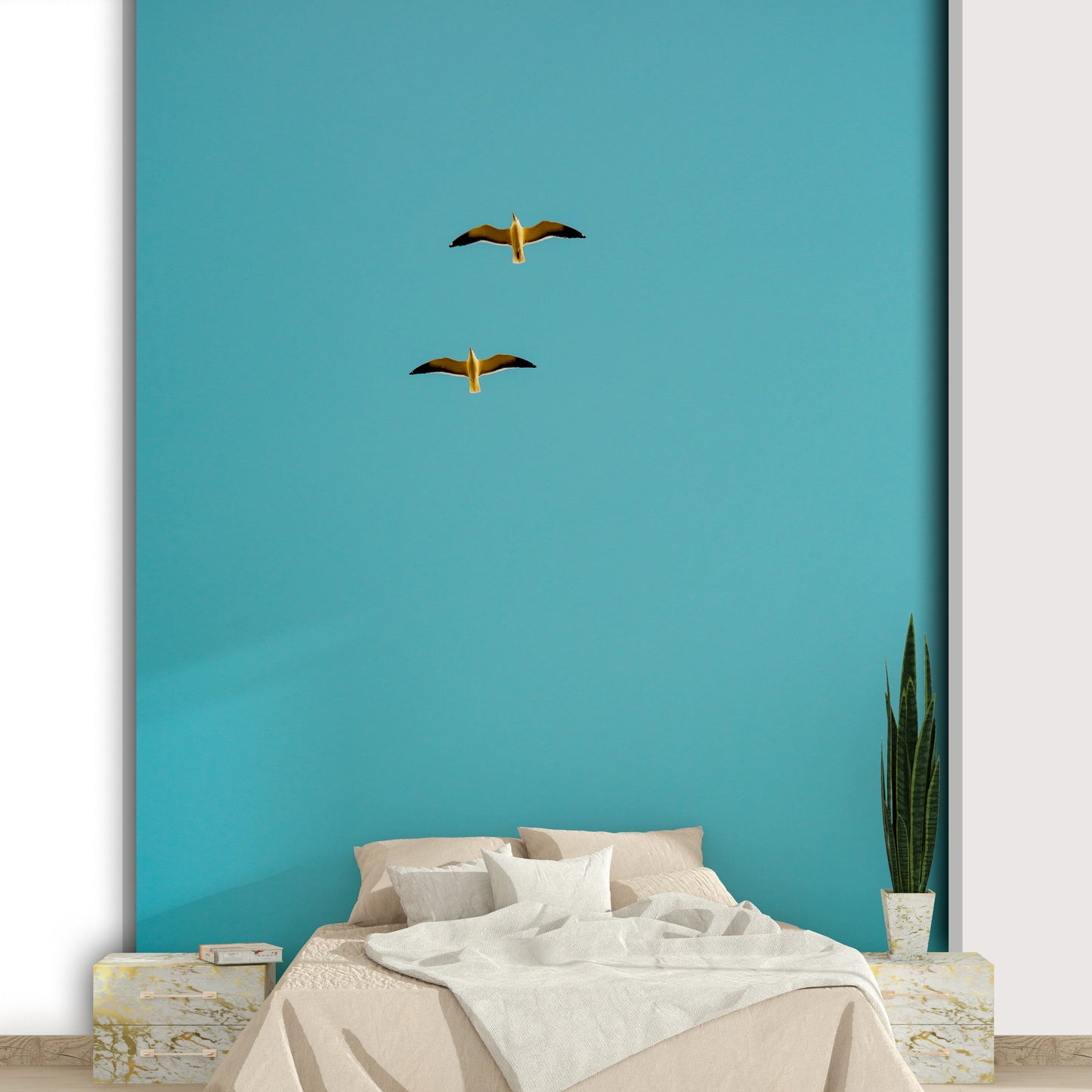 A minimalist interior with the ocean-themed wallpaper.

