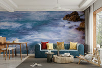 A peaceful seaside view mural on decorative wallpaper.

