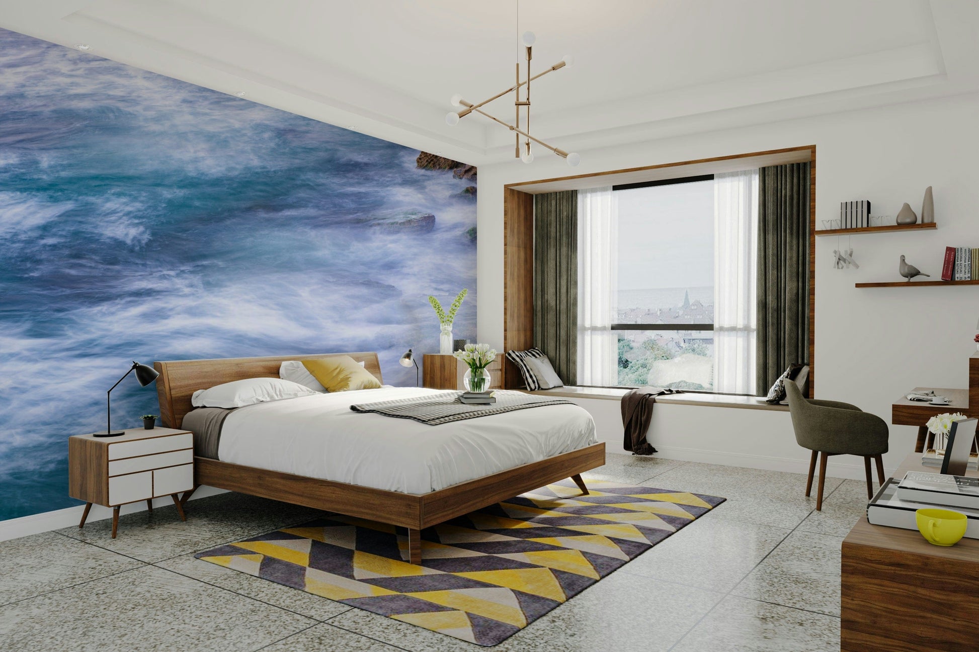 An artistic seaside view mural on minimalist wallpaper.

