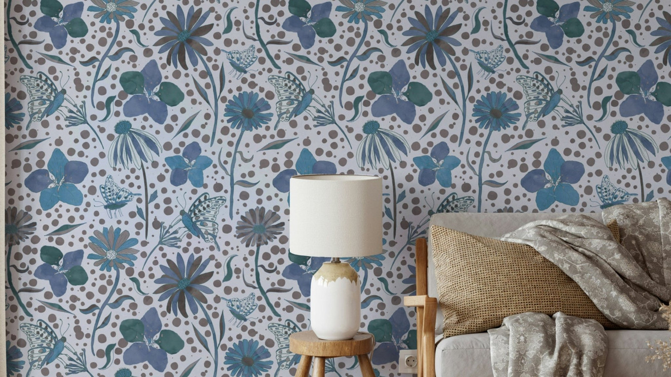 soft blue background with delicate flowers

