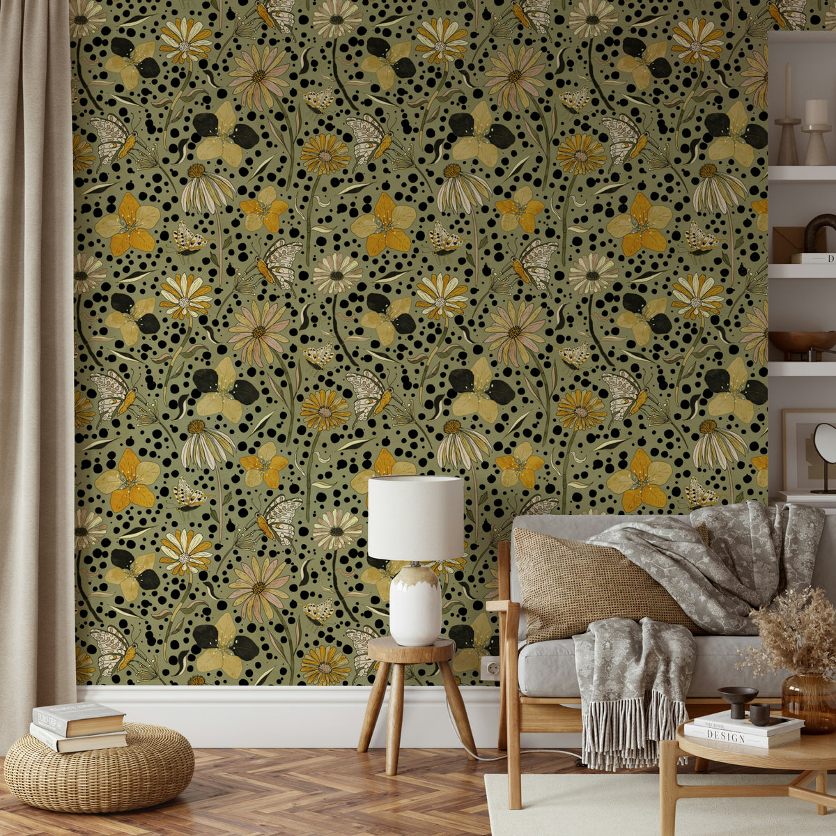 Mural wallpaper of butterflies and blooming flowers

