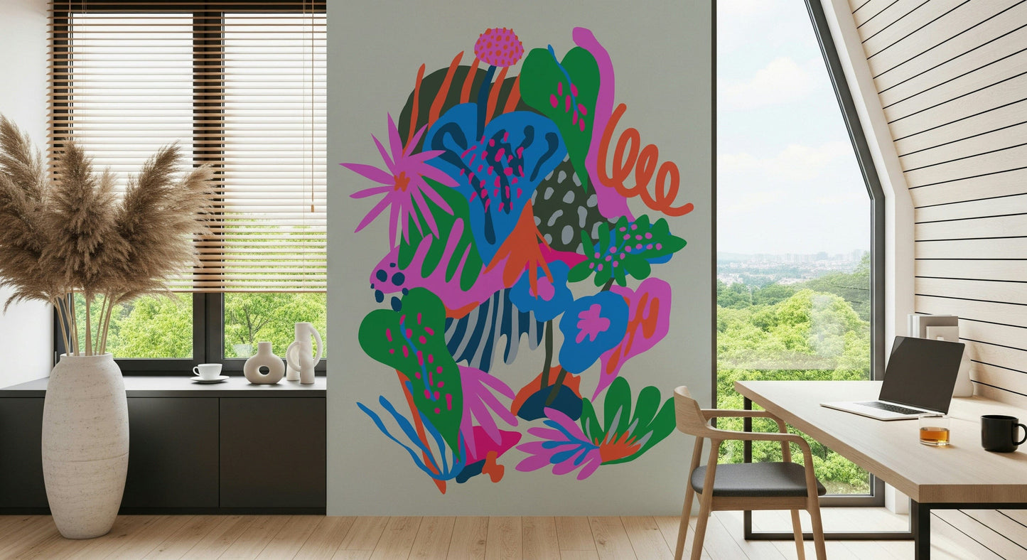 A beautiful secret garden wallpaper mural with lush flowers and foliage.