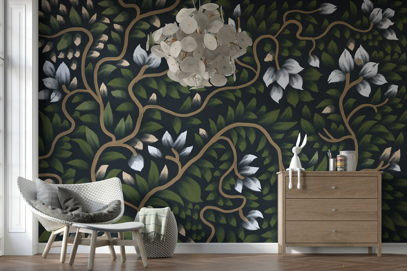 Whispering Secrets dark botanical wallpaper for walls with curvy vines.