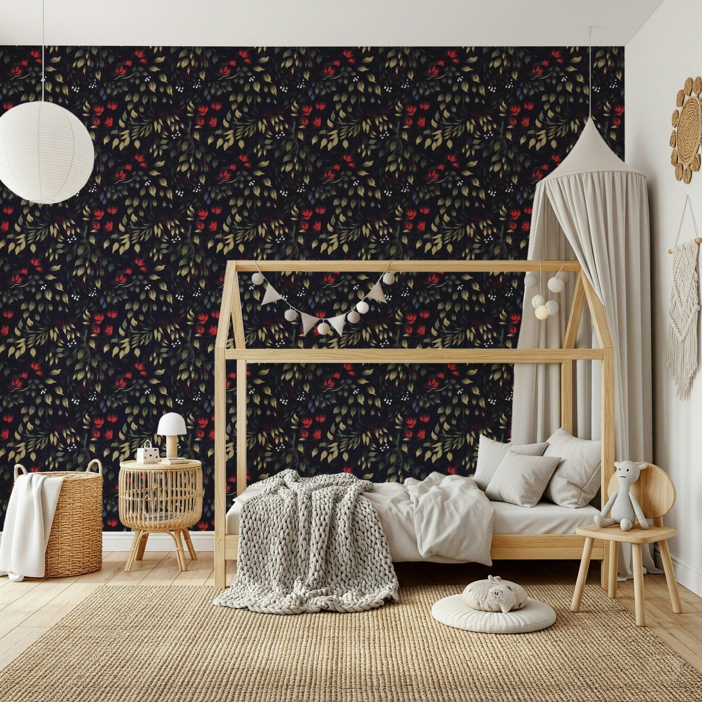 Artistic wallpaper showcasing moody flowers and foliage in deep tones