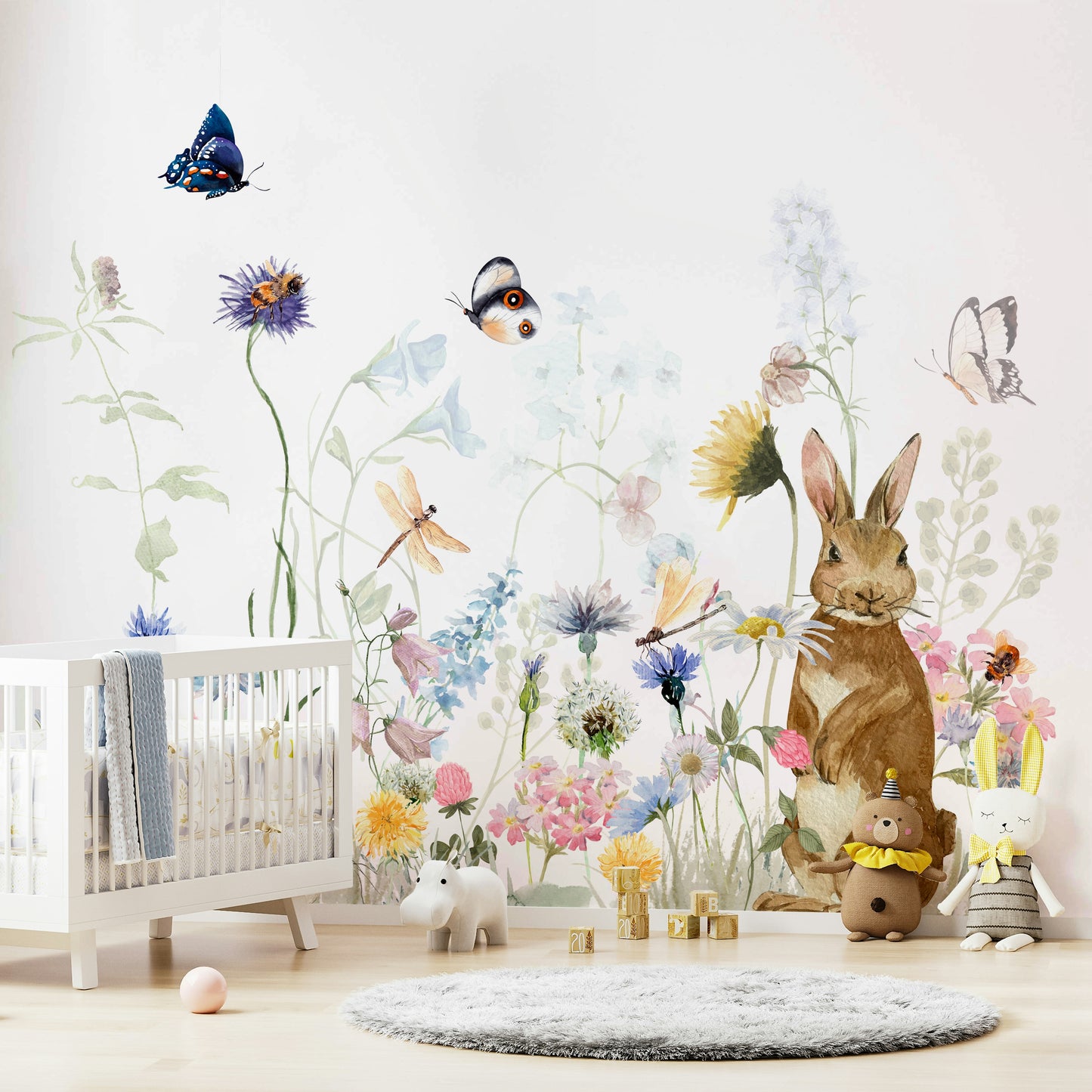 Secret garden wallpaper with rabbits and plants

