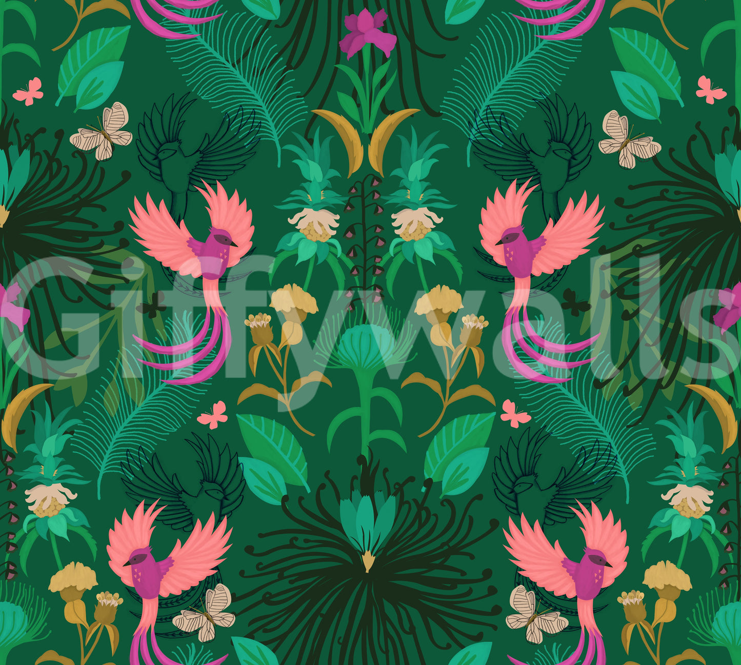 Secret Garden wallpaper close-up showing pink exotic birds, gold flowers and butterflies on deep green foliage