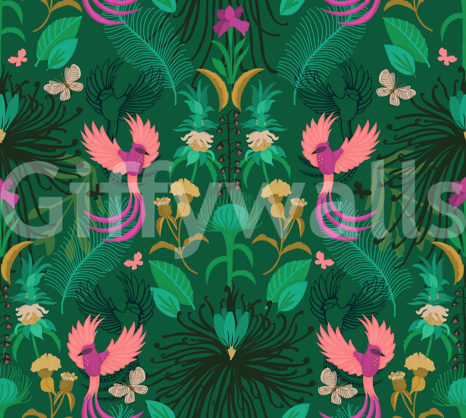 Secret Garden wallpaper close-up showing pink exotic birds, gold flowers and butterflies on deep green foliage