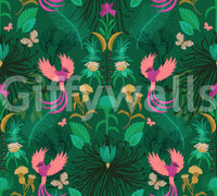 Secret Garden wallpaper close-up showing pink exotic birds, gold flowers and butterflies on deep green foliage
