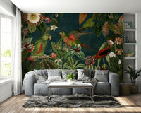 Nature-inspired mural with vibrant blooms and vintage charm


