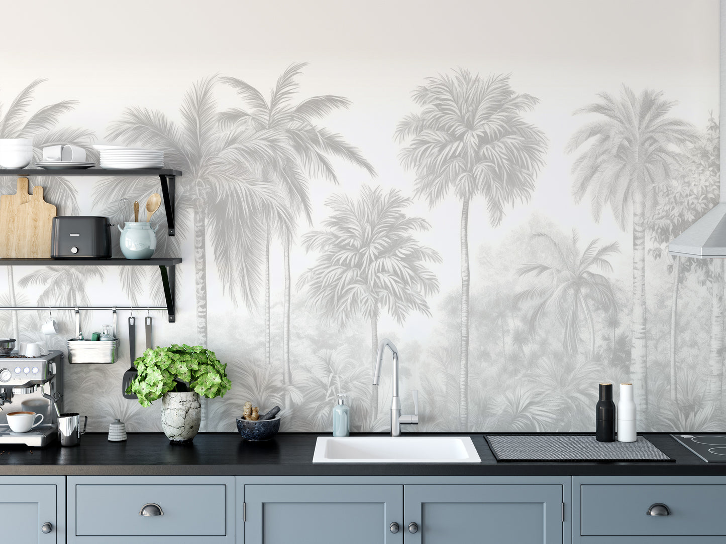 Self adhesive Palm Tree Wall Mural in a kitchen with blue cabinets and a white countertop for a fresh tropical touch.