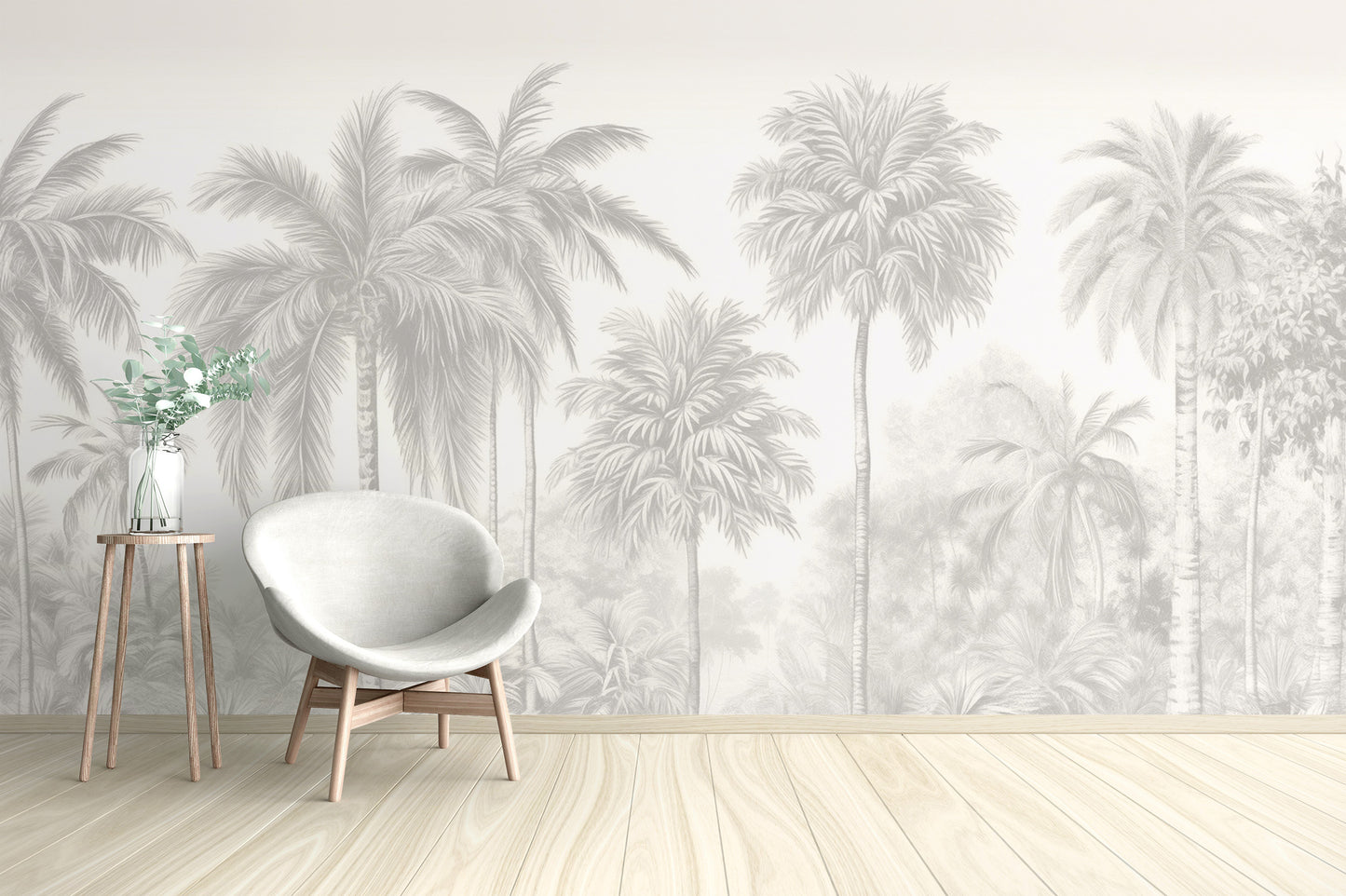 Removable Palm Tree Wall Mural in a minimalist room with a white chair and tripod side table for easy decor updates.